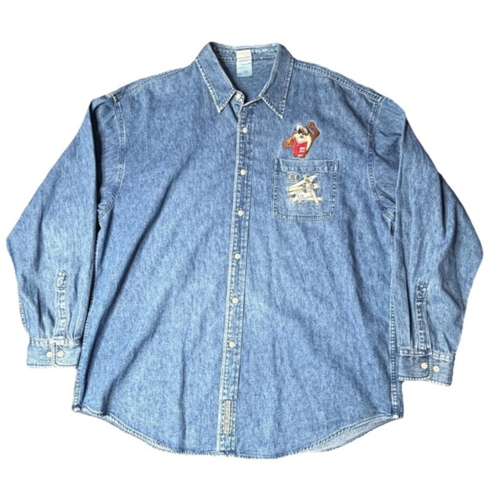 Warner Bros Vintage Taz Manian Devil‎ Mr Fix It Embroidered Denim Shirt XXL Y2K